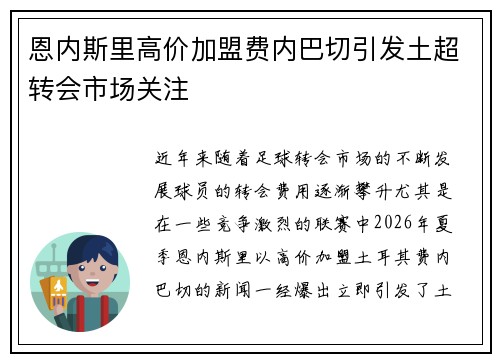 恩内斯里高价加盟费内巴切引发土超转会市场关注